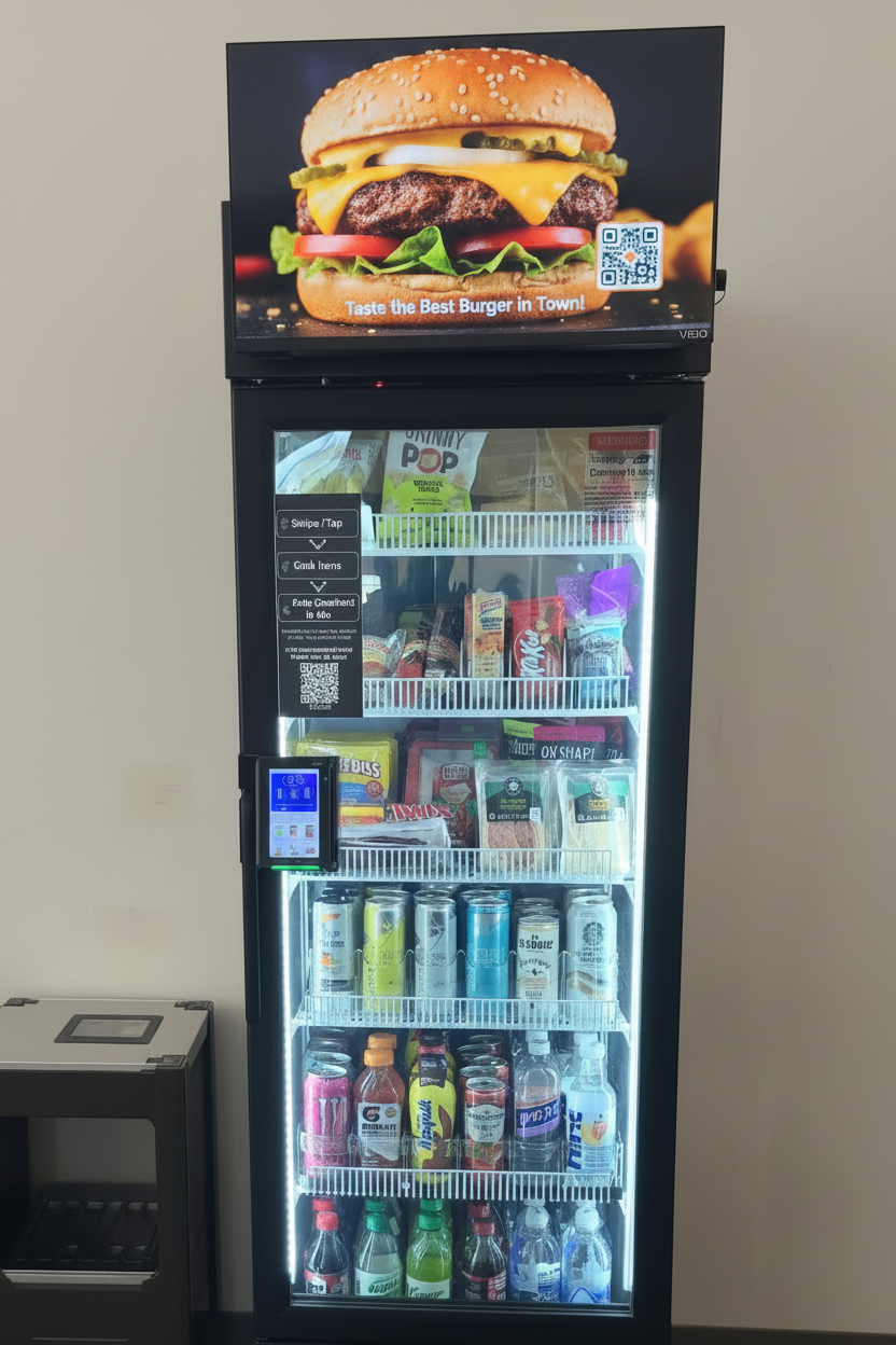 JL Smart Vending machine displaying burger restaurant advertisement on digital screen